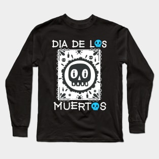 Dia De Los Muertos - White and Blue - Papel Picado - Black Skull Long Sleeve T-Shirt